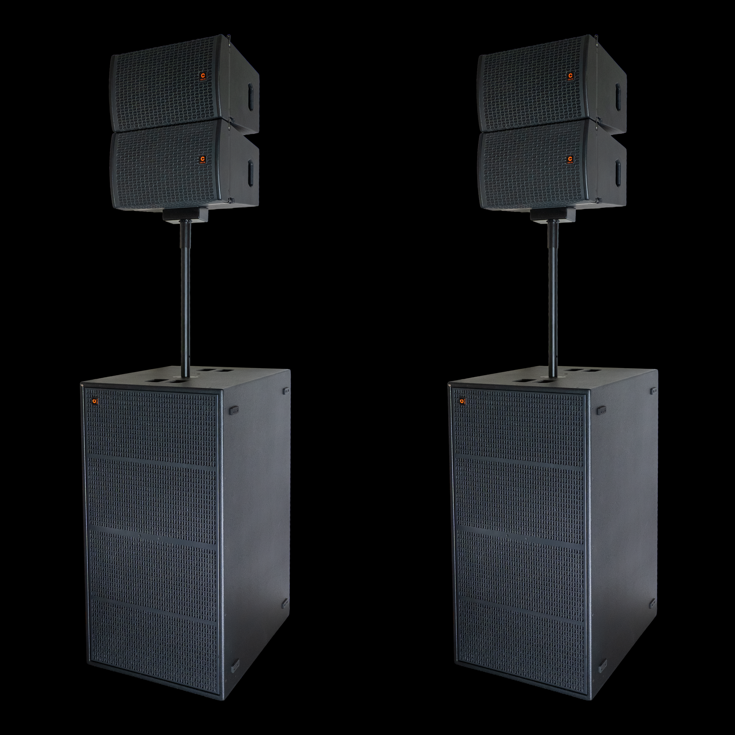 Celto ACS10 line array speakers configured with professional subwoofers