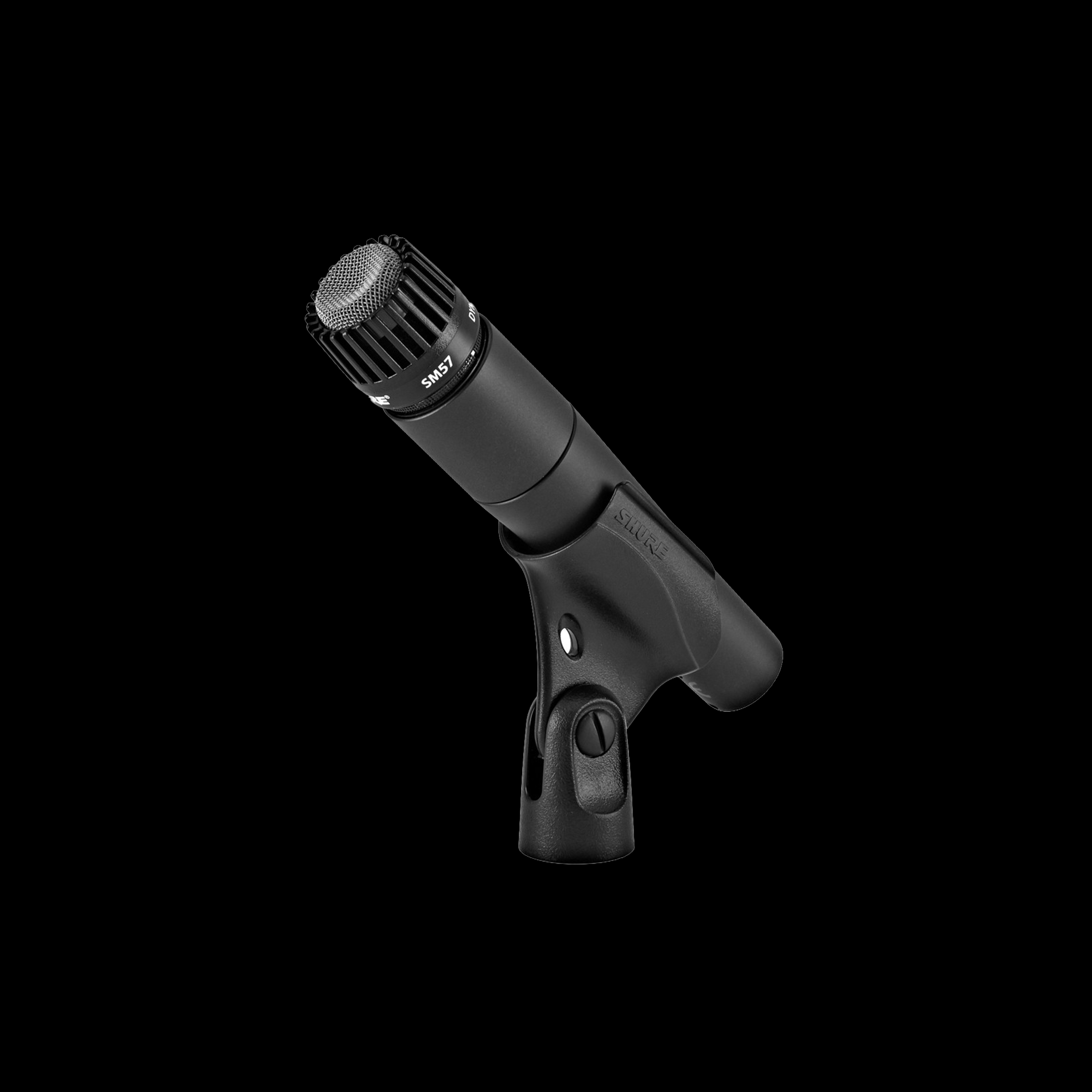 Shure SM57 professional dynamic instrument microphone mounted in a microphone clip
