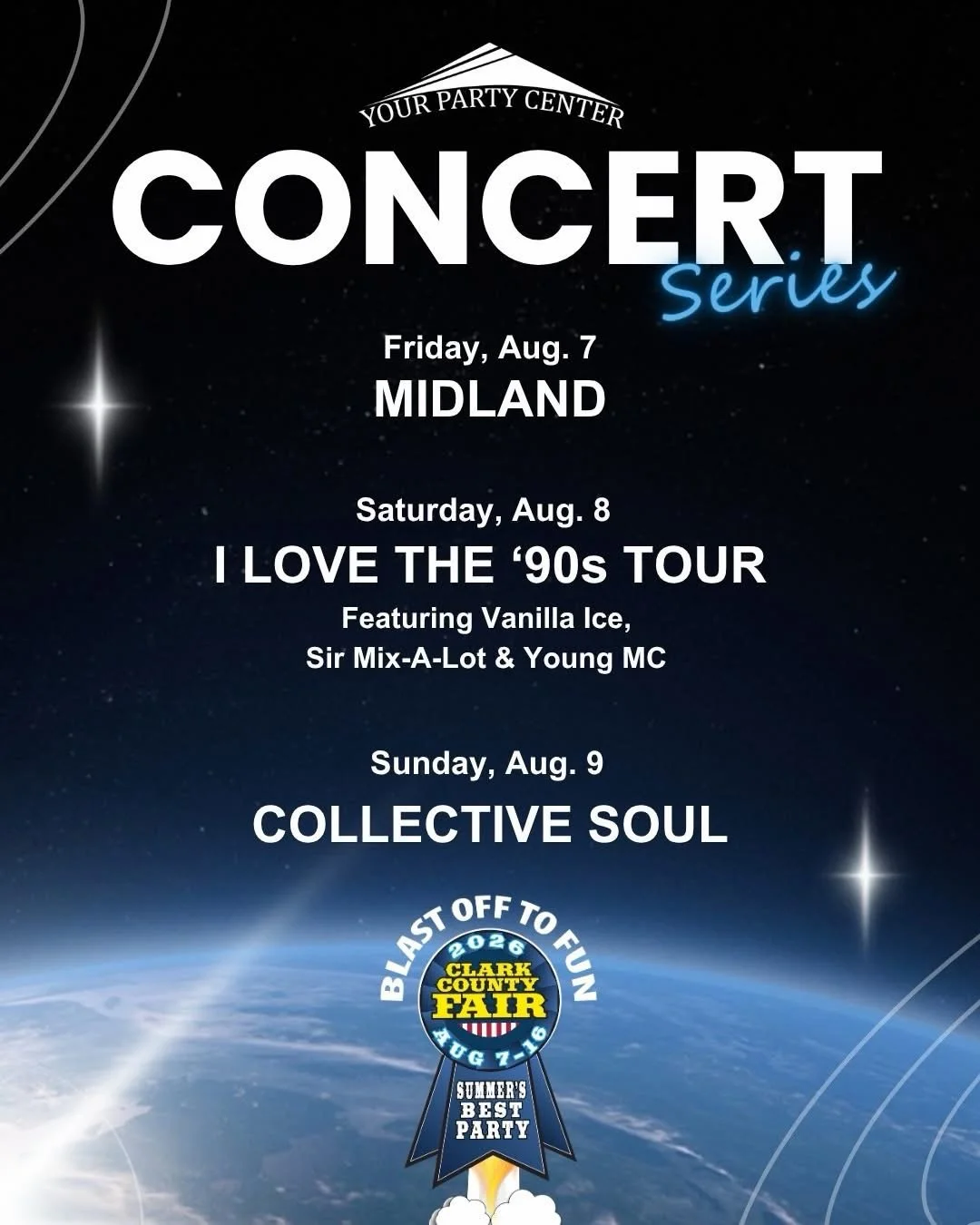 Houston, we have a lineup 🎤

The @yourpartycenter Series is ready to launch with concerts that are seriously out of this world. Catch @midland, the @ilove90stour (Hello, Vanilla Ice 👀), and @collectivesoul in the @toyotausa Grandstand. Every show i