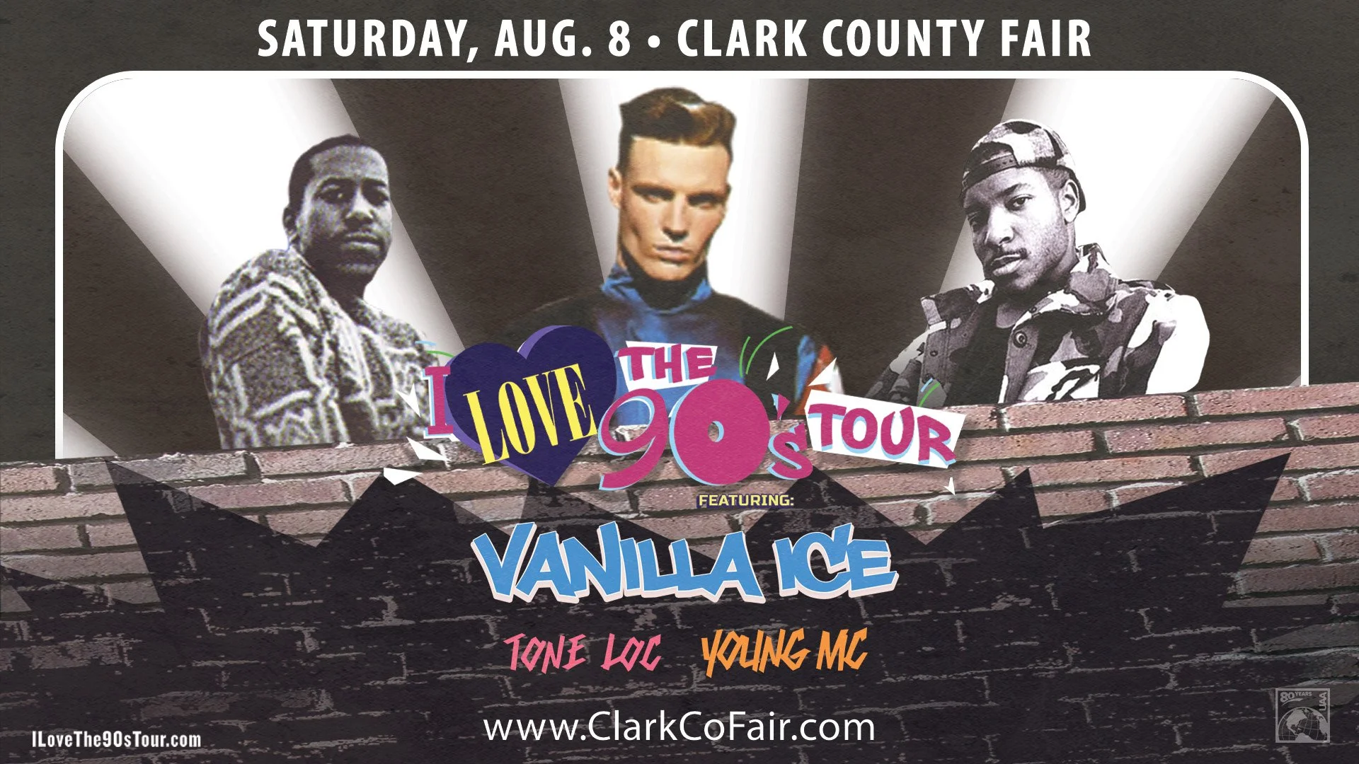 Concert graphic featuring Vanilla Ice, Tone Loc, and Young MC