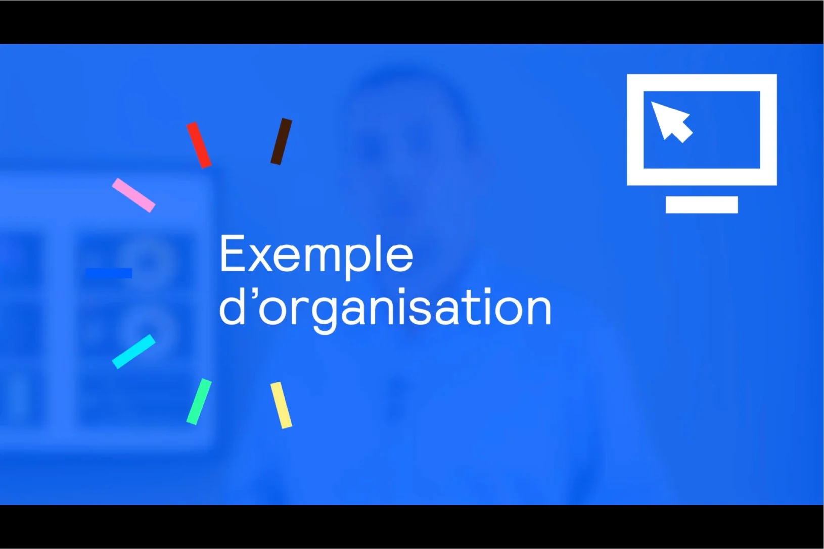 Exemple d'organisation sur fond bleu, avec une icône d'ordinateur et des éléments graphiques colorés.