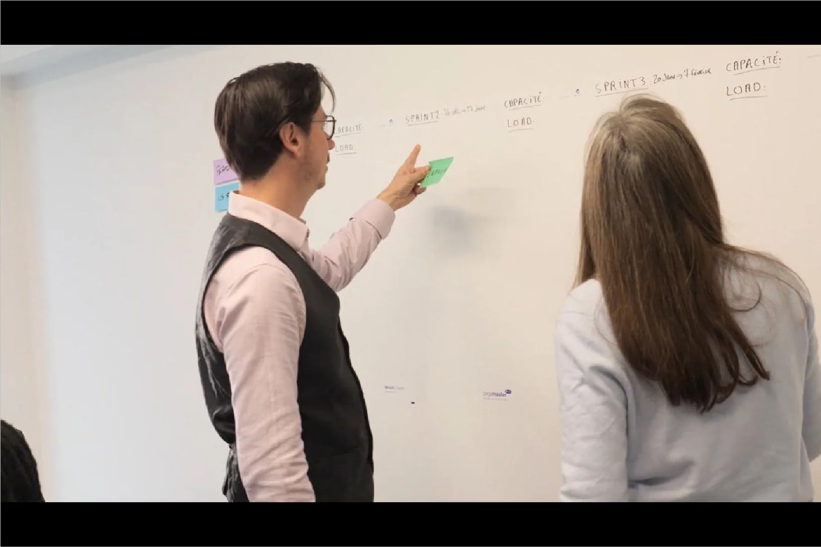 Deux personnes discutent devant un tableau blanc avec des notes adhésives et écriture, probablement lors d'une réunion ou d'une séance de brainstorming.