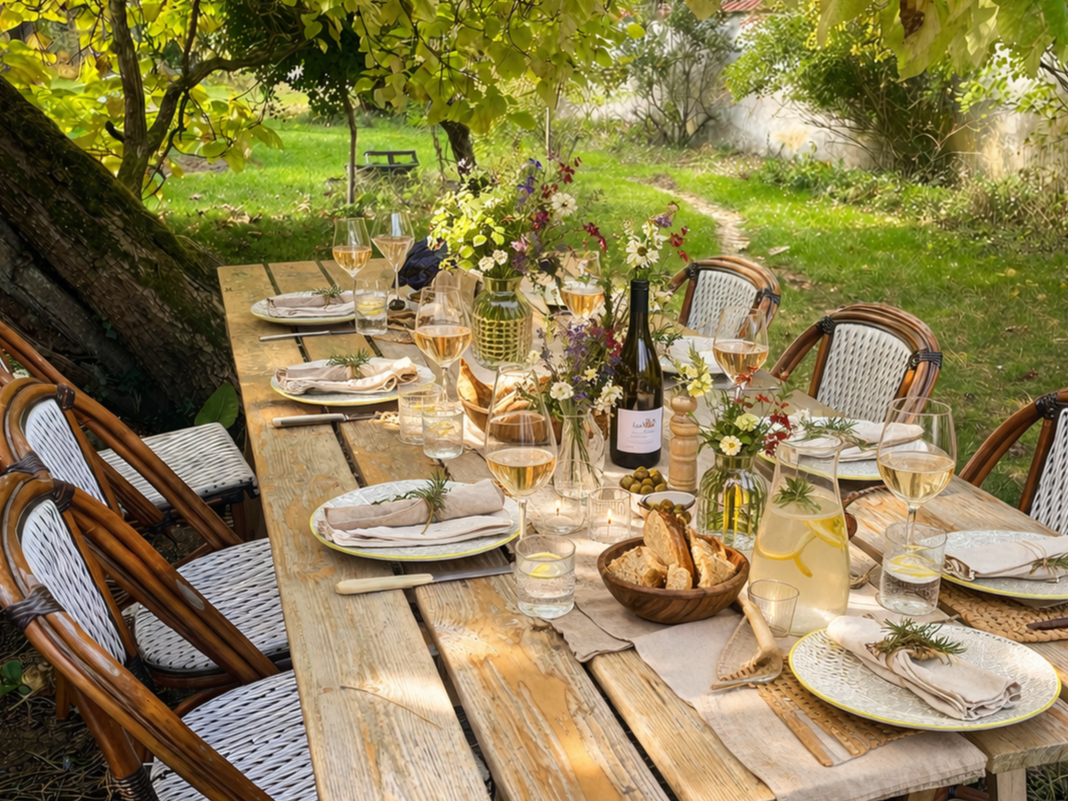 Table de dîner en plein air avec assiettes, verres de vin rosé, fleurs, pain, huile, sel, citron, et une bouteille de vin dans un jardin ensoleillé.