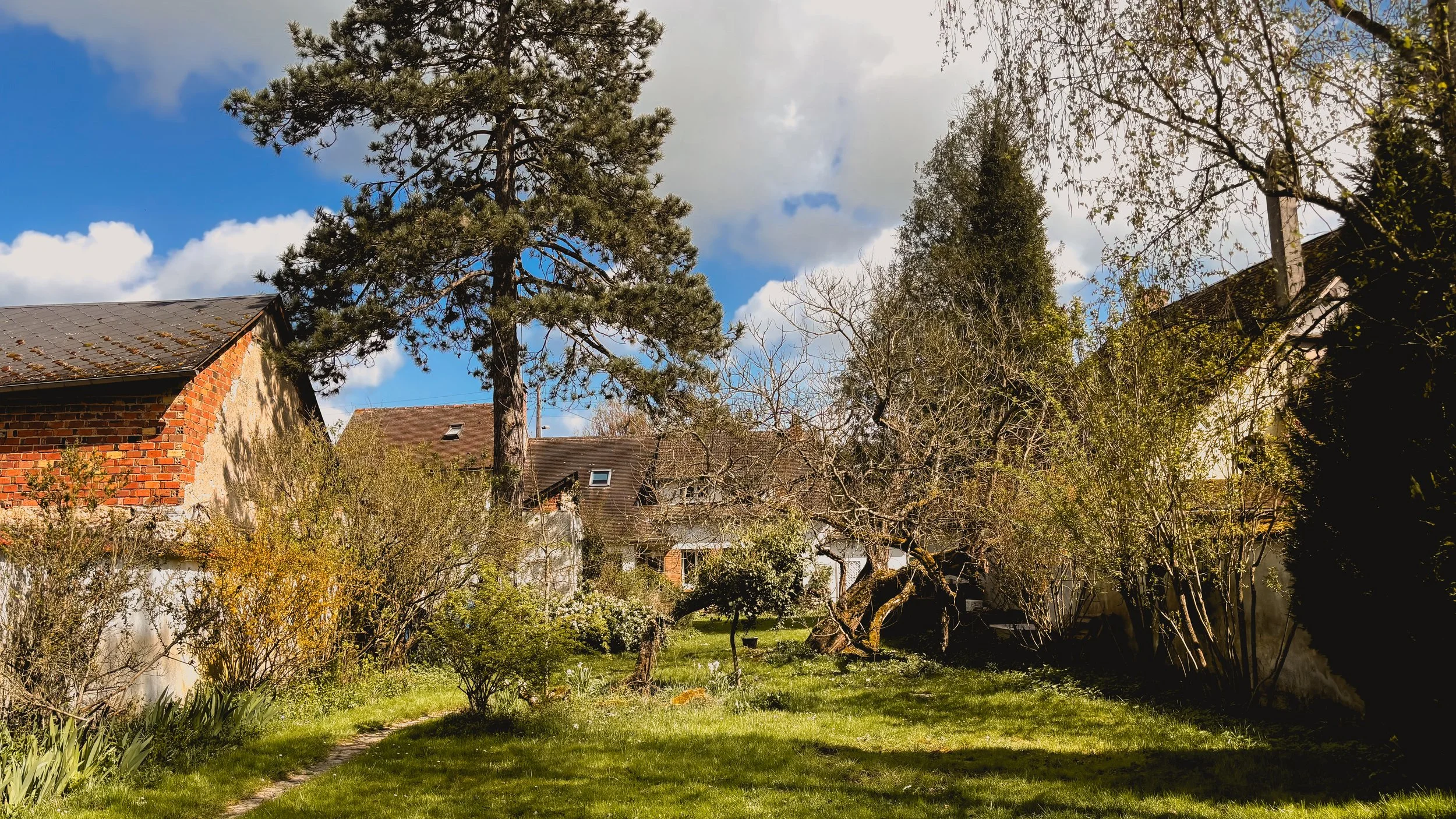 Jardin verdoyant avec pelouse, arbres et maisons en arrière-plan sous un ciel partiellement nuageux.
