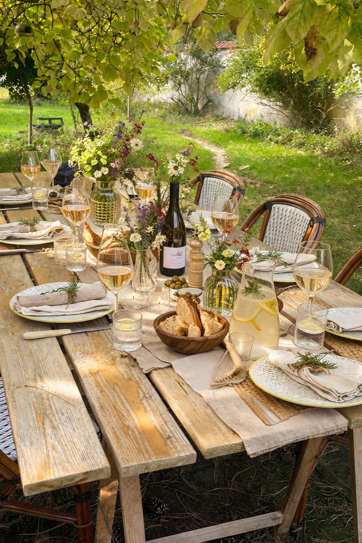 Table rustique dressée pour un repas en plein air dans un jardin, avec des assiettes, verres de vin blanc, carafe d'eau avec citron, bouquet de fleurs, pain, bouteille de vin, et couverts, sous un arbre verdoyant.