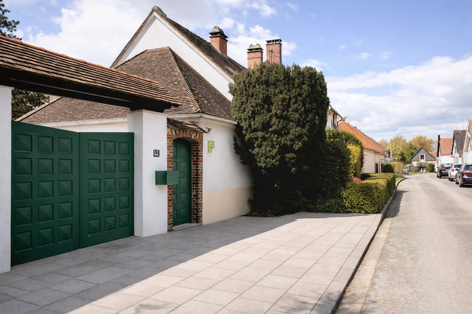 Rue résidentielle avec maisons, trottoir, voitures garées, ciel en partie nuageux.