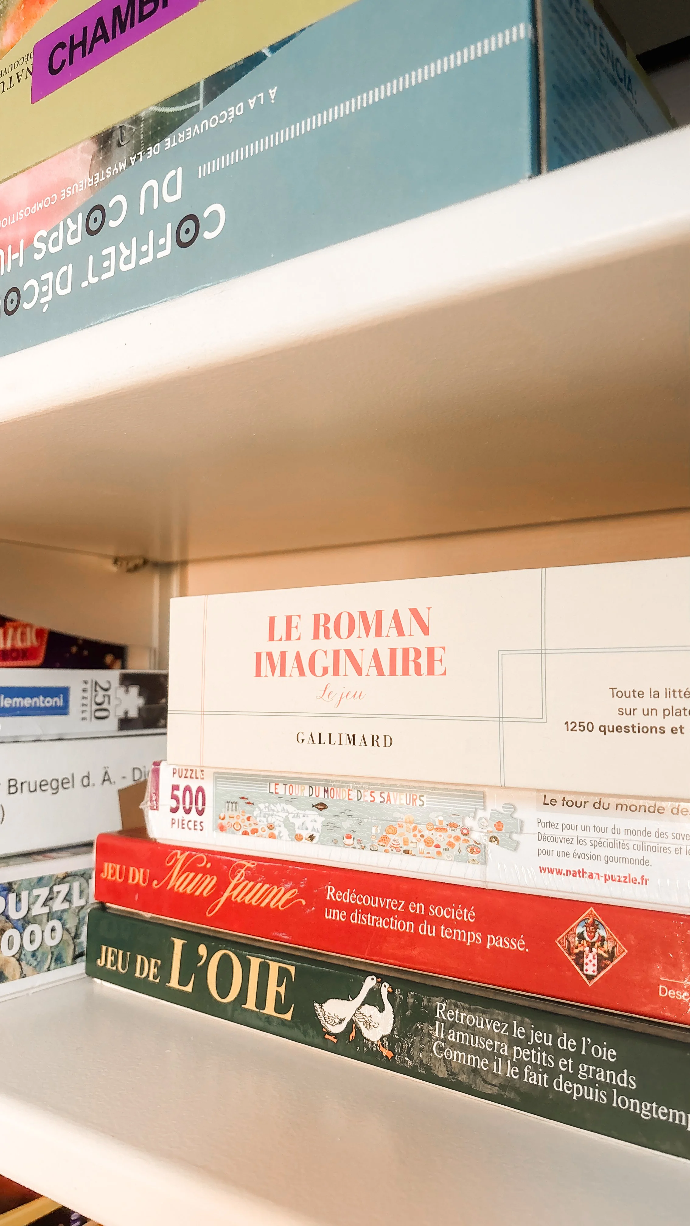 Une étagère de jeux de société avec plusieurs boîtes dont « Le Roman Imaginare » de Gallimard, « L'Oie » avec deux oies sur la couverture, et d'autres jeux de réflexion et puzzles.