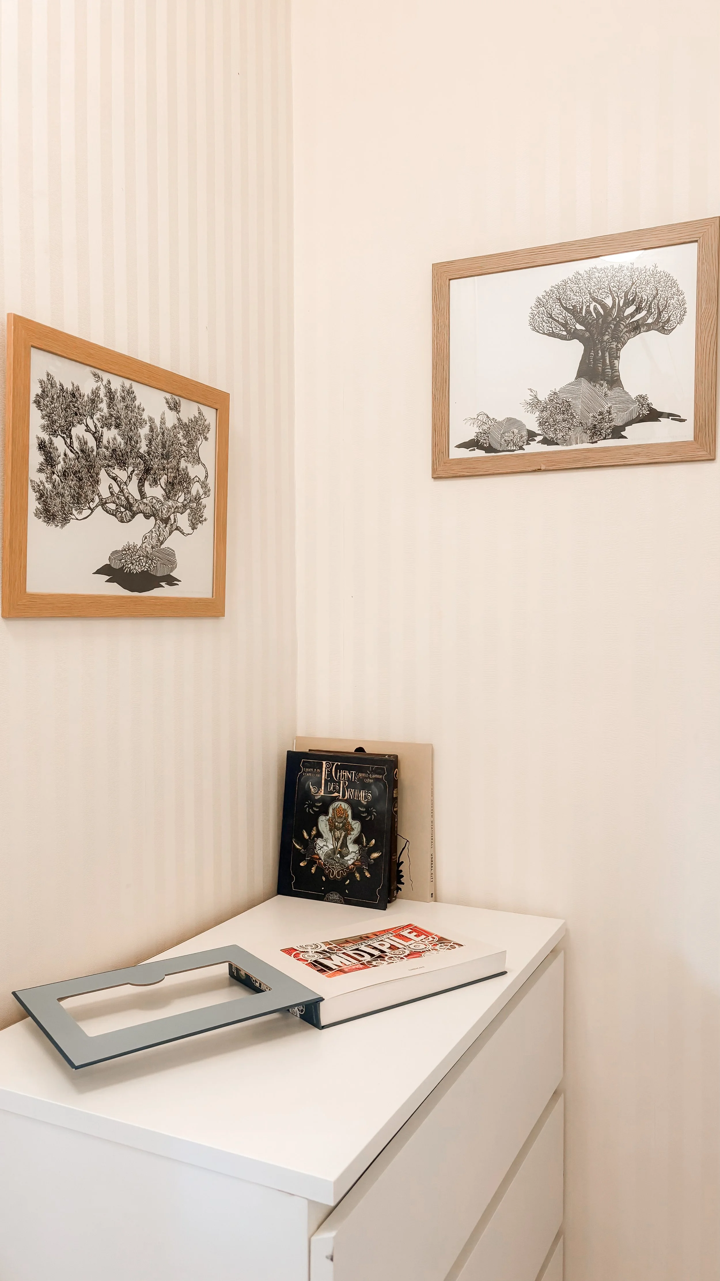 Une étagère blanche avec deux livres, dont un avec une couverture noire illustrée, et un livret avec des mots en rouge et noir. Au-dessus, deux cadres avec des illustrations de grands arbres, cadre en bois, accroché à un mur beige à rayures.