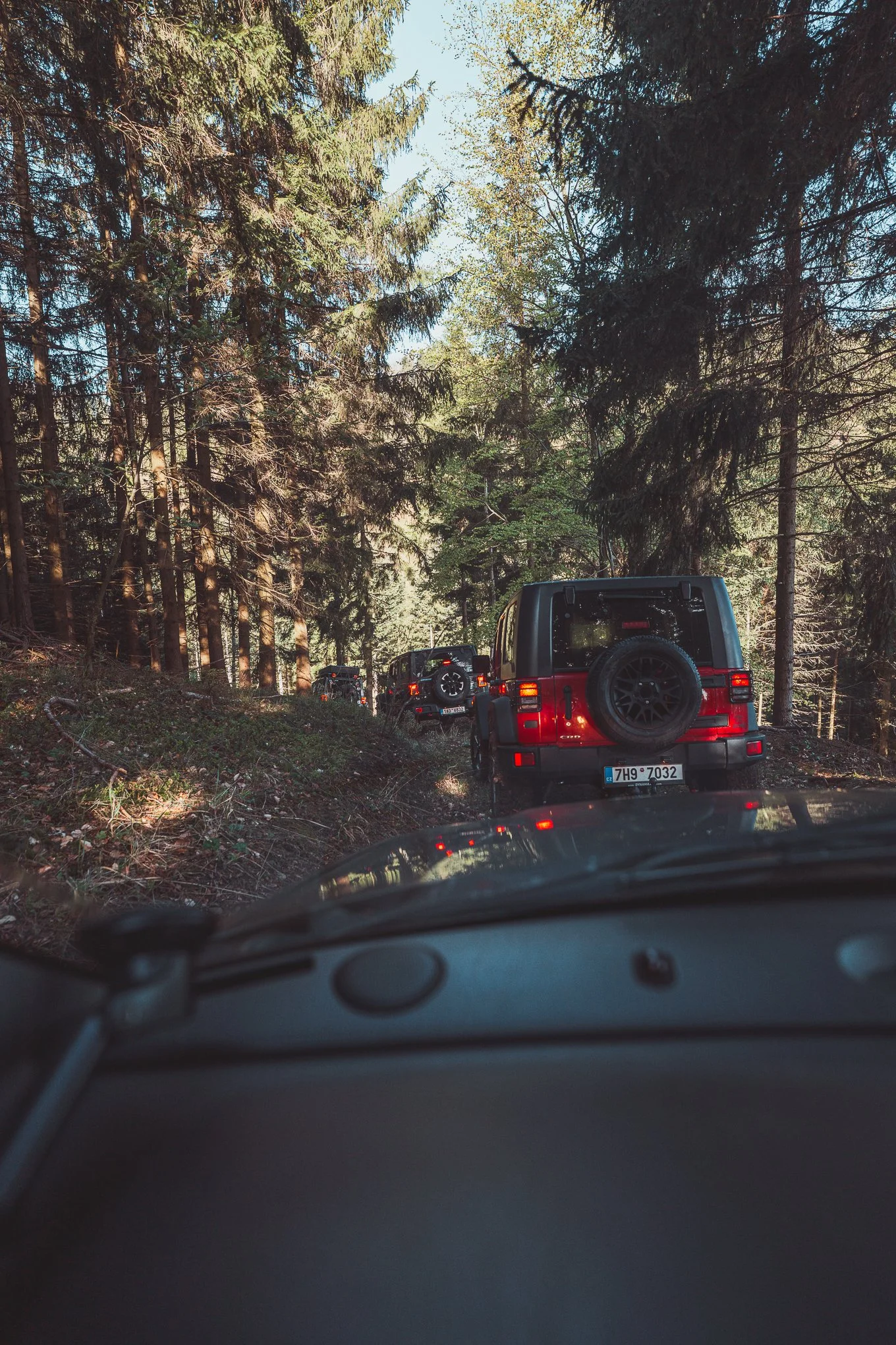 Vehicles driving through a forested dirt trail, viewed from inside a car.