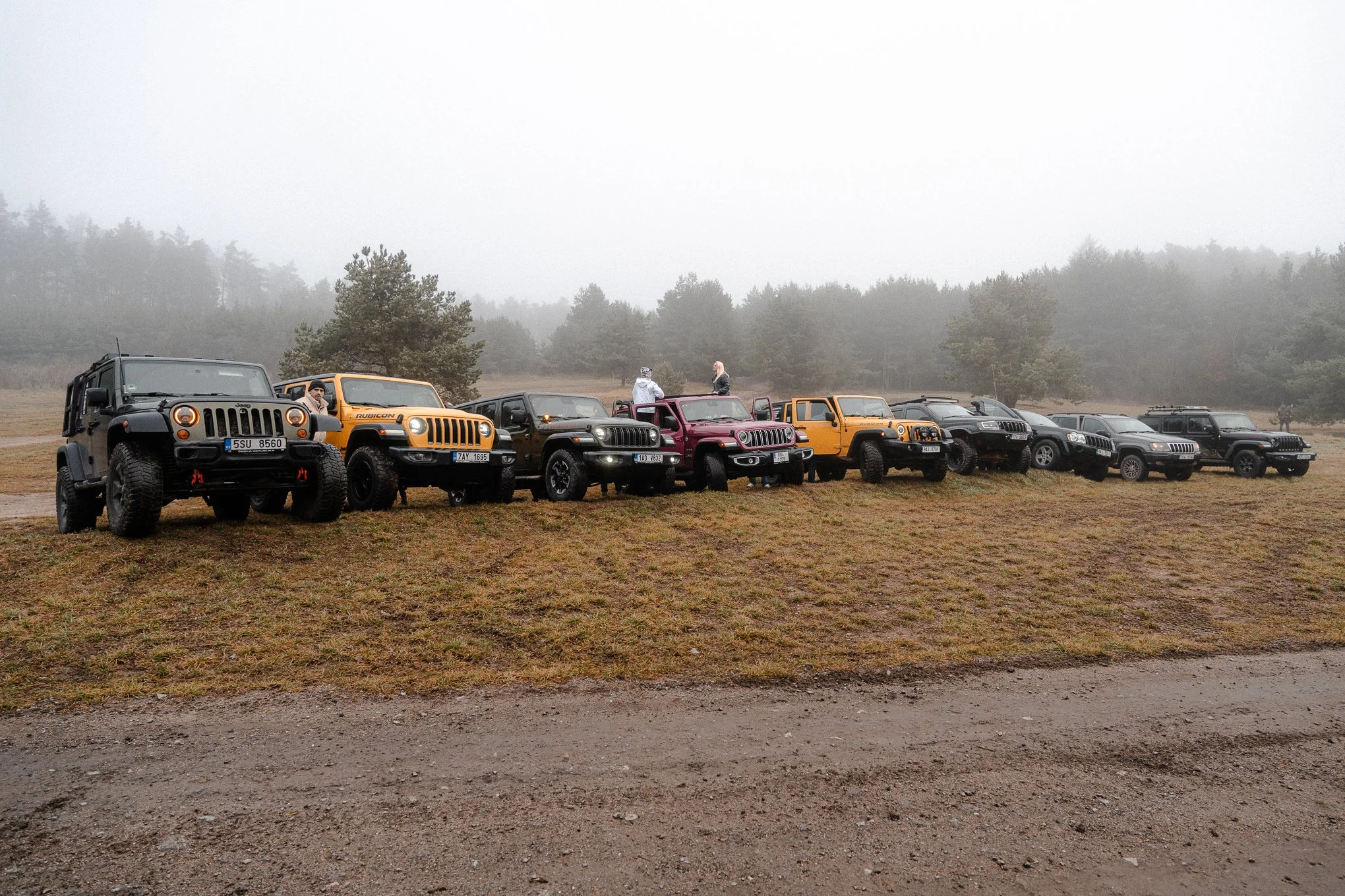 Lineup of several Jeep vehicles on a foggy outdoor terrain with trees in the background, including a black, yellow, green, pink, and gray Jeep, with people standing near the vehicles.