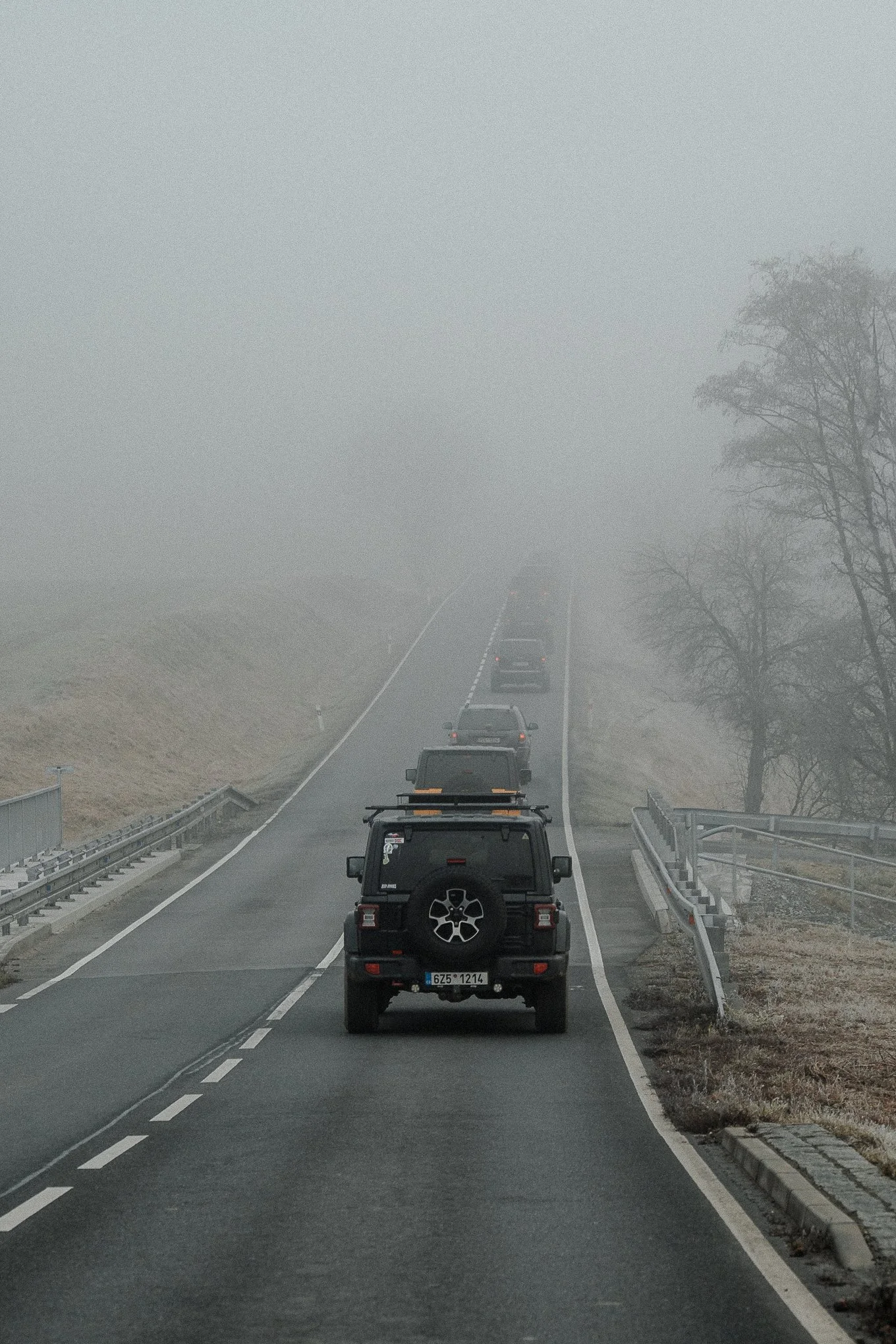 A line of cars driving on a foggy, winding road with guardrails and bare trees on the side.