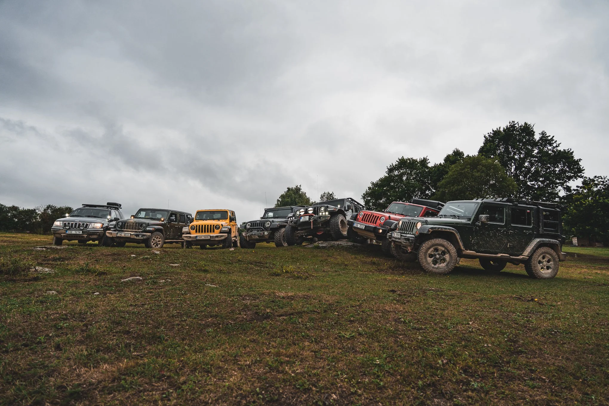 Six off-road vehicles parked on a grassy hill under a cloudy sky, including a black, yellow, gray, red, and another black Jeep-style trucks.