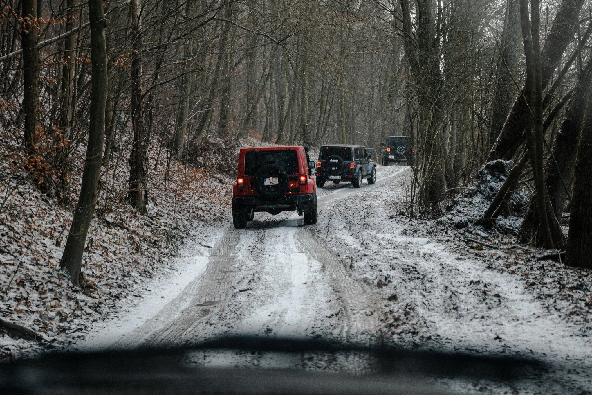 Four vehicles driving on a snow-covered, wooded dirt road in a forest during winter.