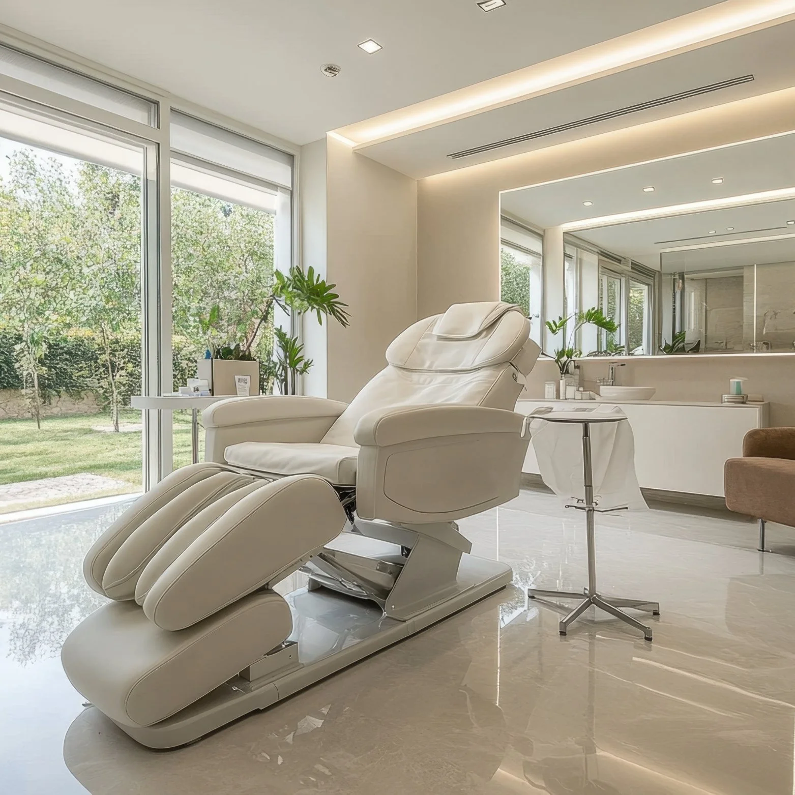 Modern medical or spa treatment room with a white reclining chair, plants, and large windows showing green outdoors.