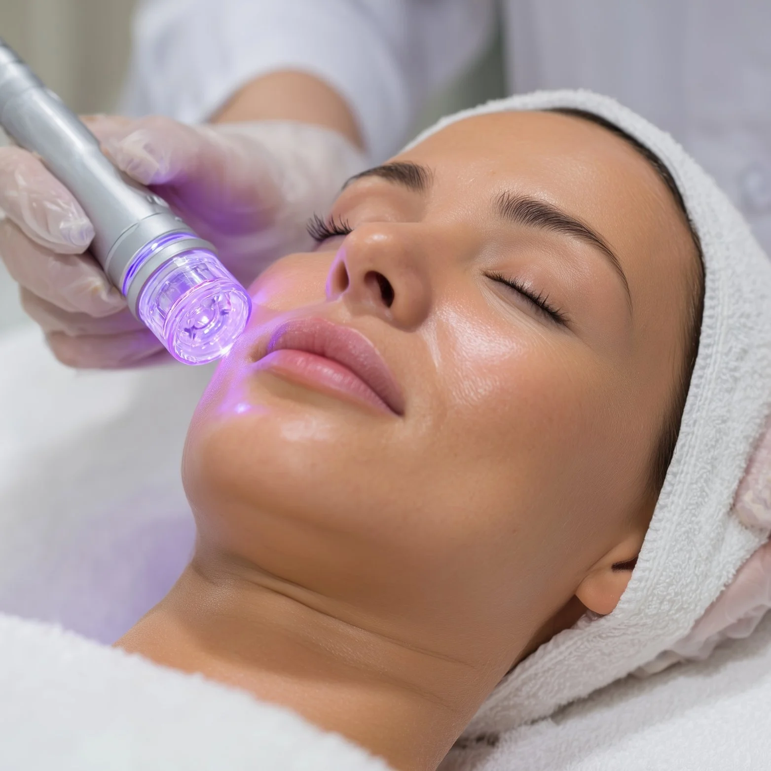 A woman receiving a facial treatment with a purple light therapy device.