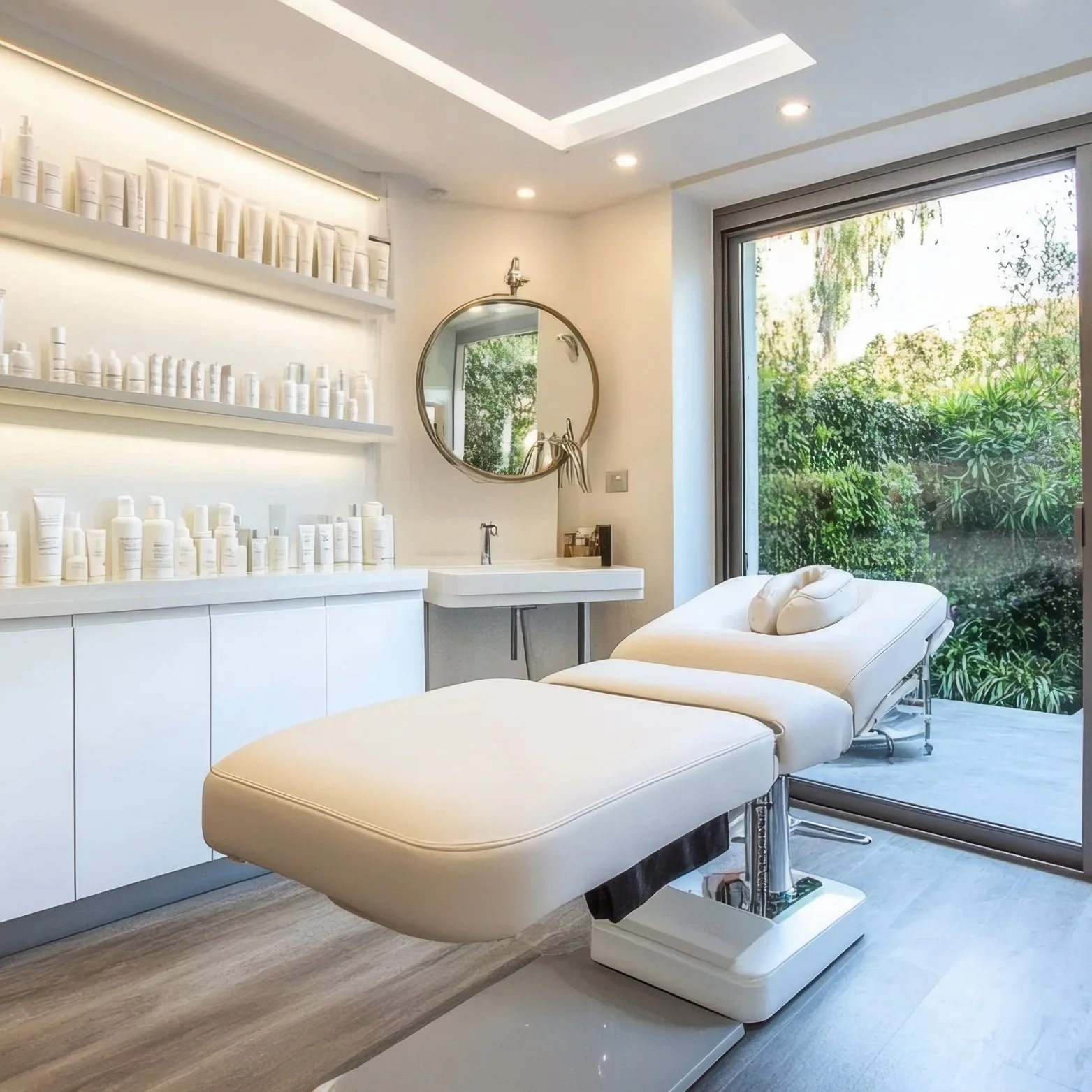 Bright, modern treatment room with a white reclining massage or facial bed, a large window with greenery outside, shelves with skincare products, a mirror, and a small sink.