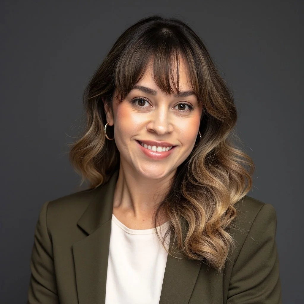 A woman with wavy brown hair, wearing a dark green blazer and white top, smiling, against a gray background.