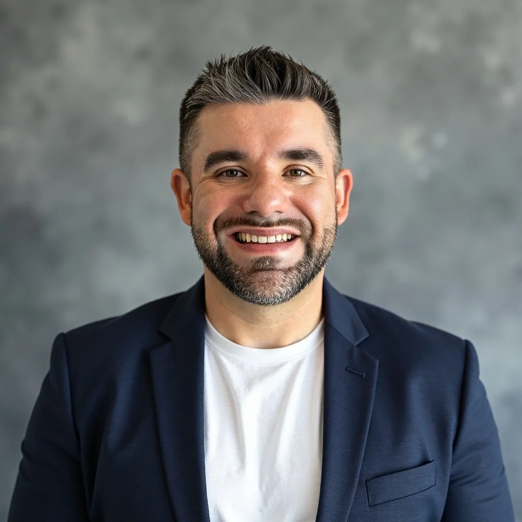 Professional headshot of a man with a short beard, smiling, wearing a dark blazer and a white shirt, against a gray background.