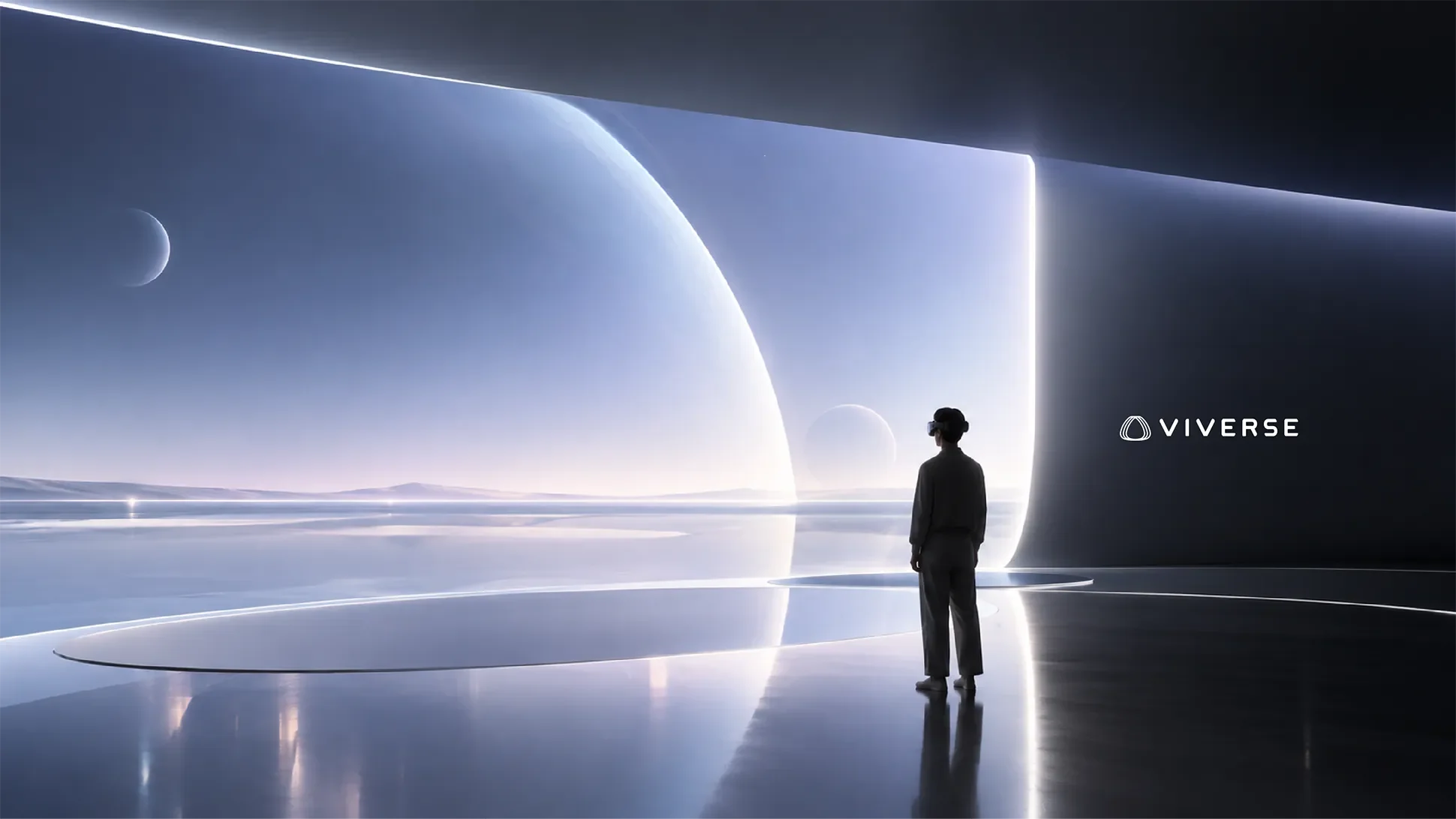 A person is wearing virtual reality goggles inside a sleek, futuristic room with a large window showing planets in space. The room is modern and illuminated with soft lighting, and the logo for Viverse is visible on the wall.