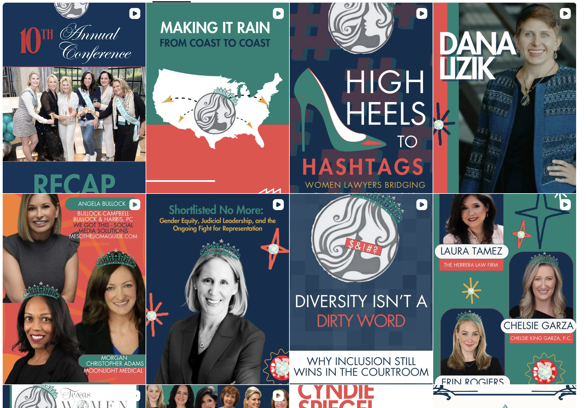 Collage of conference event images including a group photo of women, a map of the United States with rain illustration, a woman in a blue blazer, a woman with a tiara and glasses, and promotional graphics with titles like 'High Heels to Hashtags' and 'Diversity Isn’t a Dirty Word' featuring women speakers.