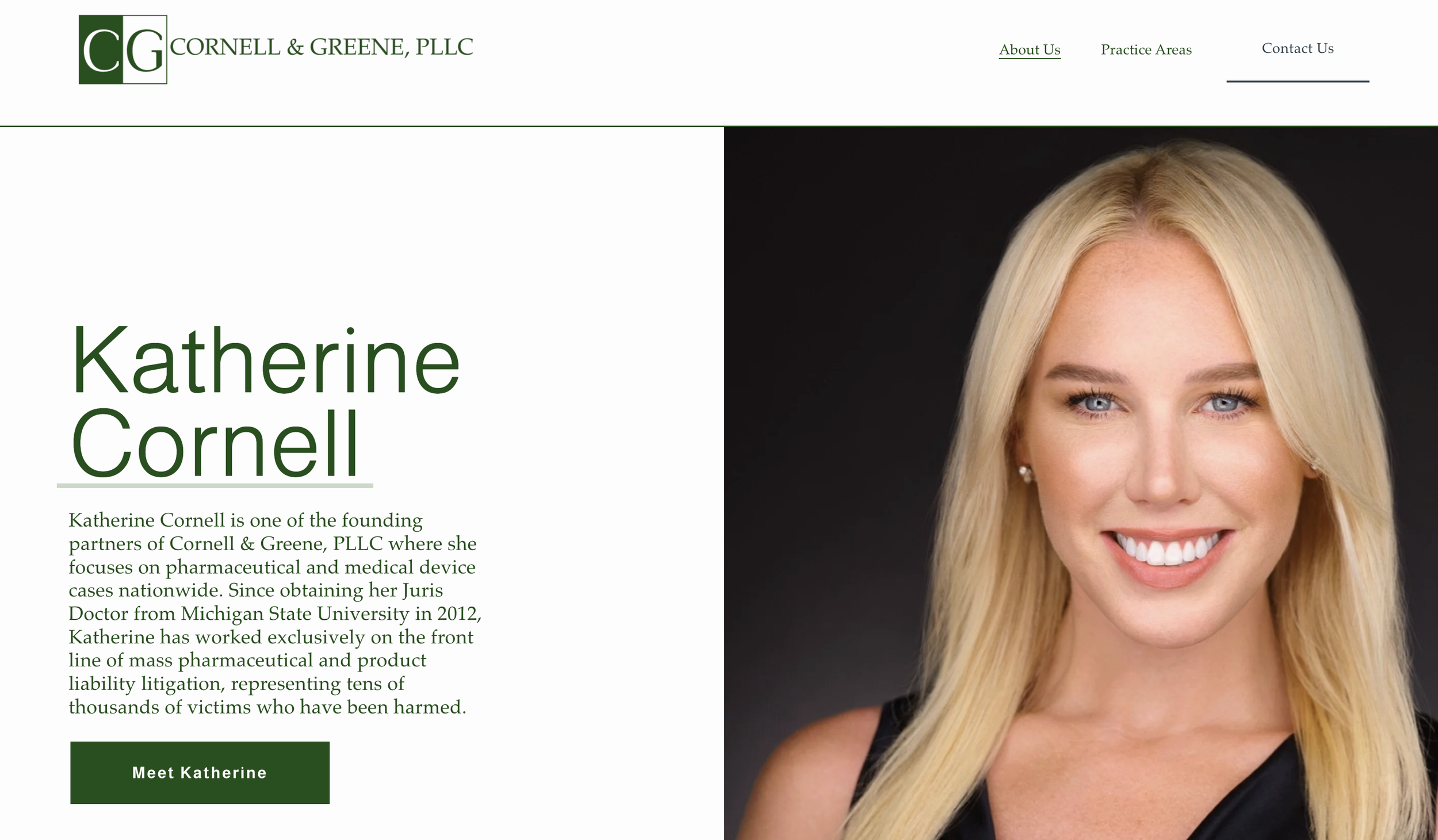 Website homepage for Cornell & Greene, PLLC featuring a photograph of Katherine Cornell, a woman with long blonde hair, blue eyes, and a bright smile, dressed in black against a dark background.