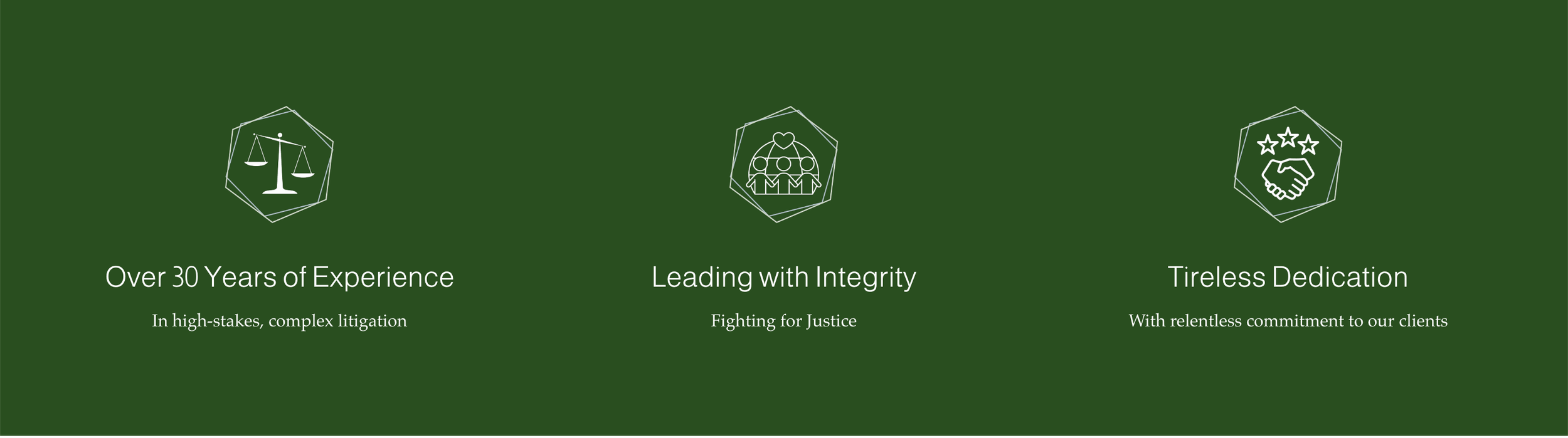 Green background with three icons and text illustrating experience, integrity, and dedication, related to a legal or consulting firm.