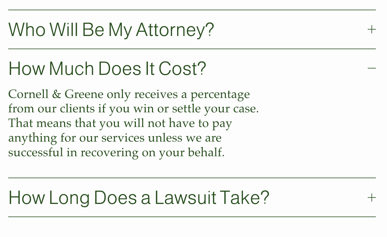 Text on a presentation slide with green font on a white background, discussing attorney services and costs.