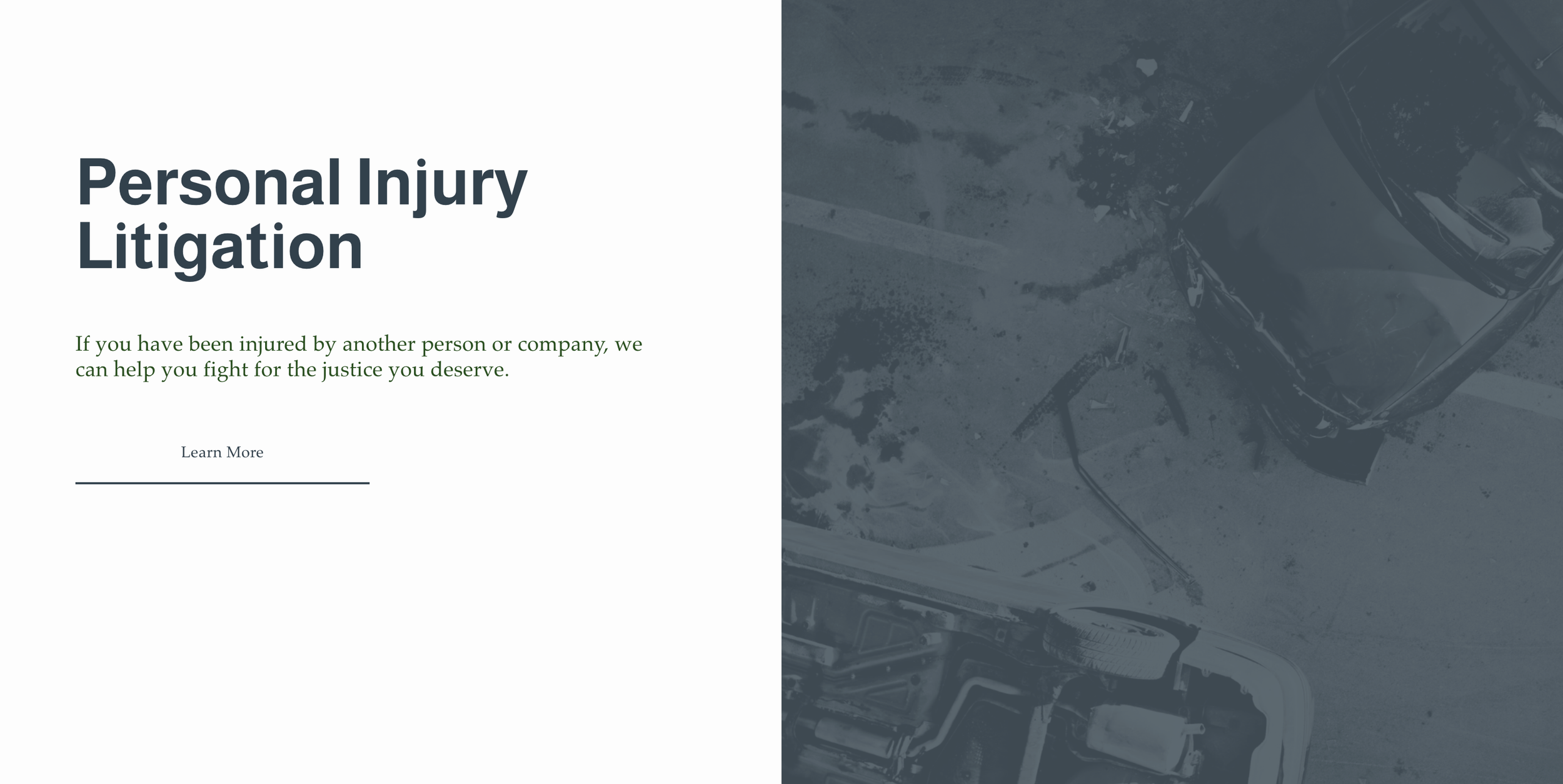 Webpage highlighting personal injury litigation with a title in bold, green text and a background image of a car crash scene with a burned-out car and debris on the ground.