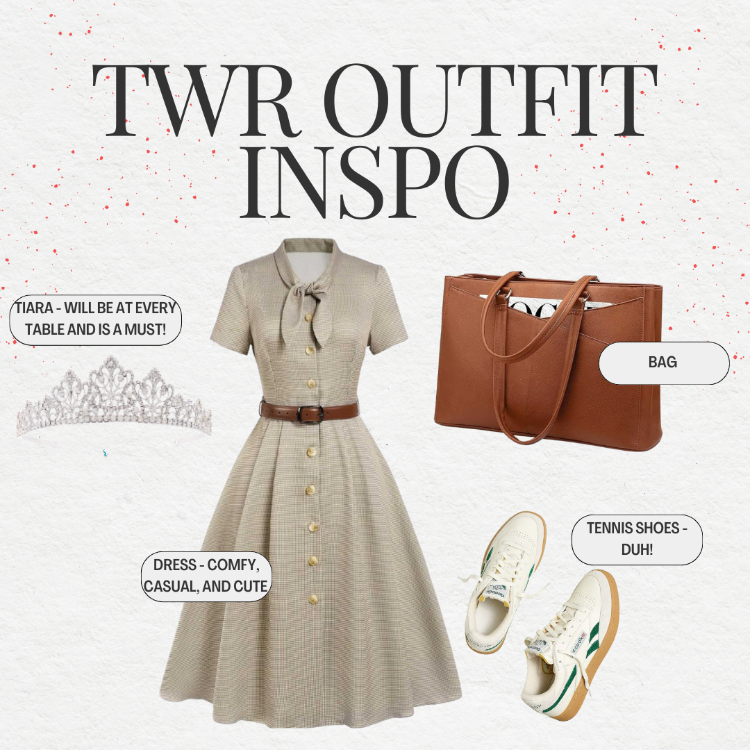 A collage showcasing outfit inspiration for a TWIR outfit, featuring a beige plaid dress with a brown belt, a tiara, a brown tote bag, and white tennis shoes with green and beige accents.