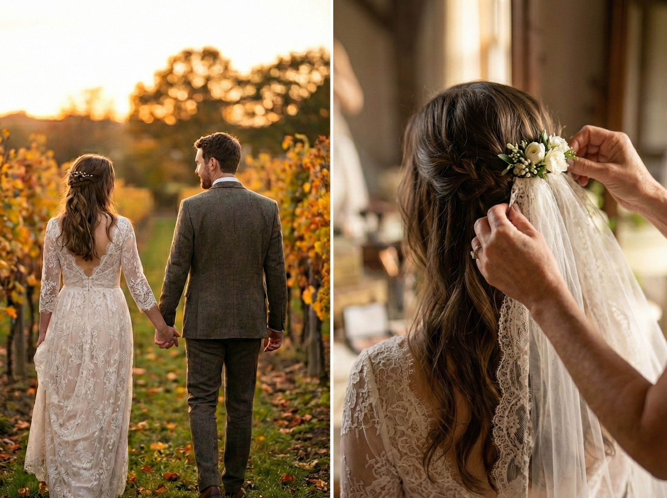 Un couple en robe de mariée et costume marche main dans la main parmi des vignes en automne. Une femme ajuste une petite couronne de fleurs sur la tête de la mariée.
