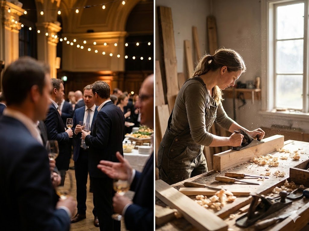 Gens en costume à un événement social avec buffet et décor lumineux d'ambiance, et une femme travaillant le bois dans un atelier lumineux avec fenêtre.