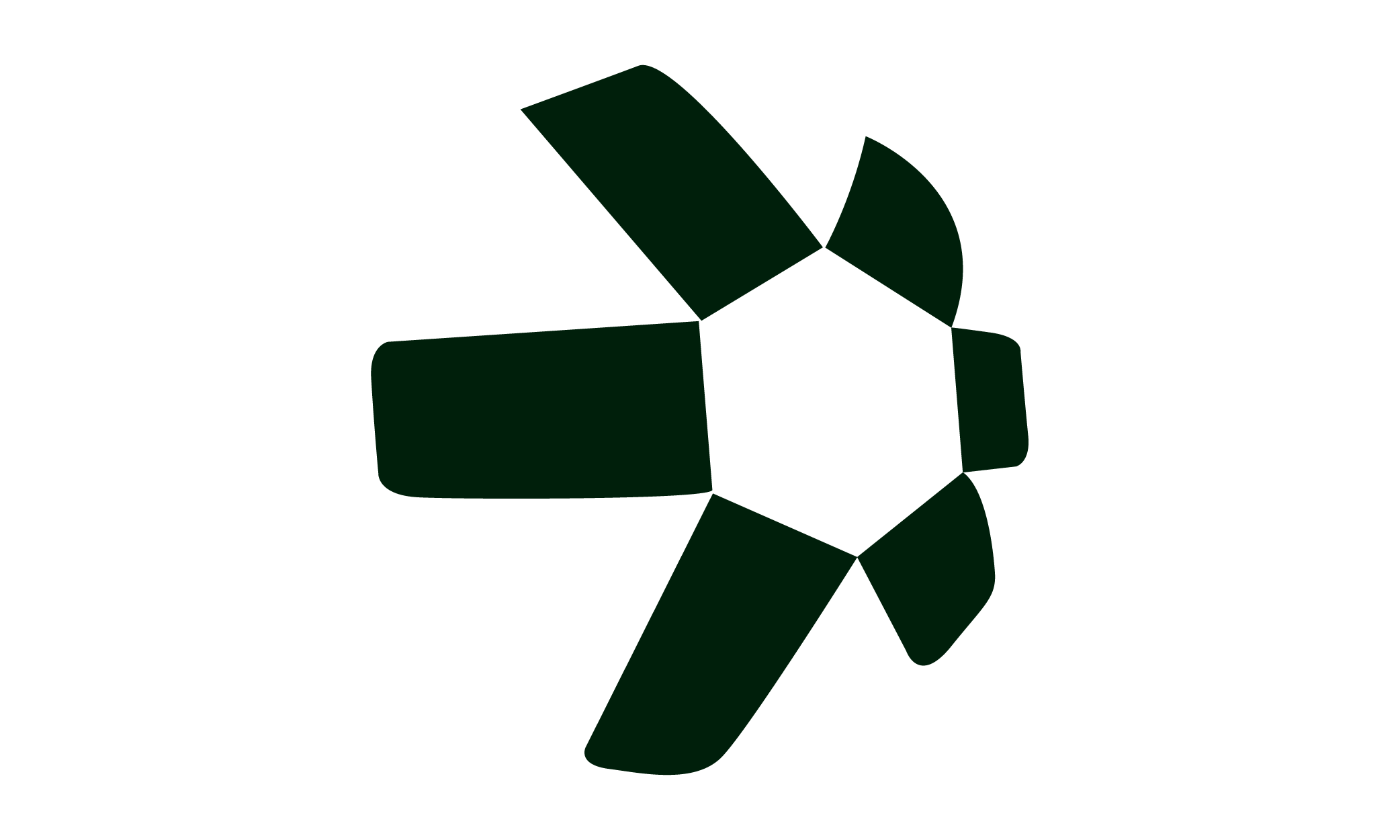 Dark green 3D geometric abstract shape with various interconnected polygons on black background.