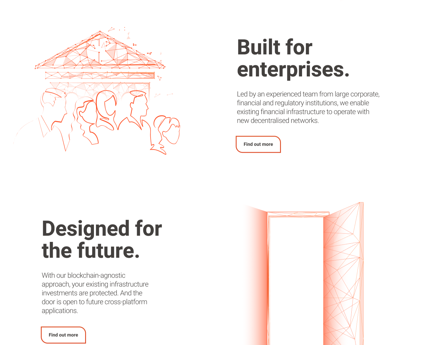A website homepage with illustrations of people, digital infrastructure, and an open door, emphasizing enterprise, future technology, and blockchain innovation.