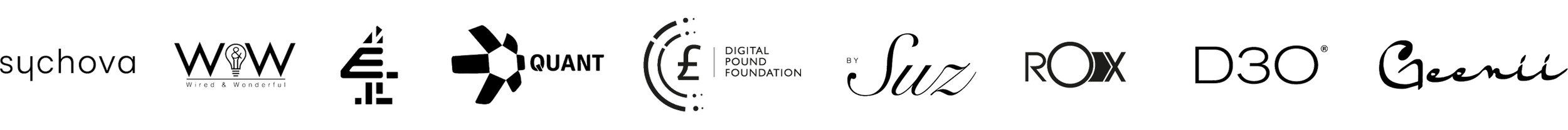 Collection of various cryptocurrency and financial institution logos, including Suchava, WOW, Quant, International Fund, Suuz, ROX, D3O, and others.