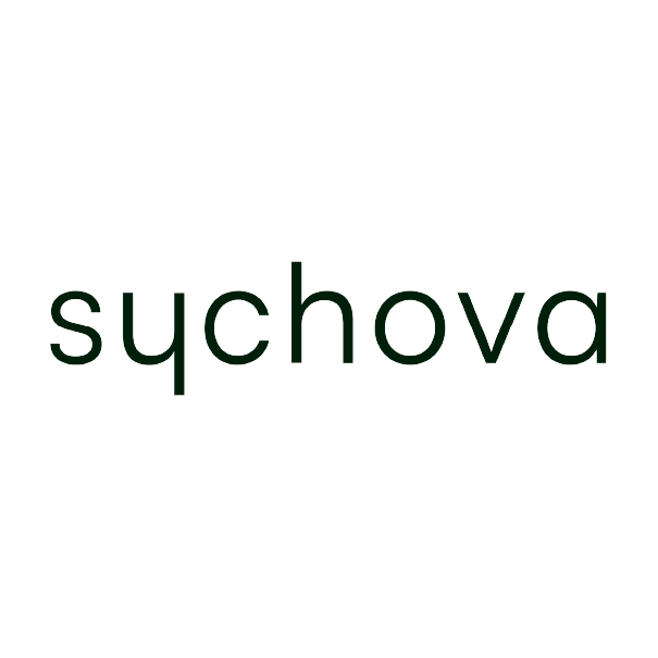 The word 'sychova' in lowercase black font on a white circular background.