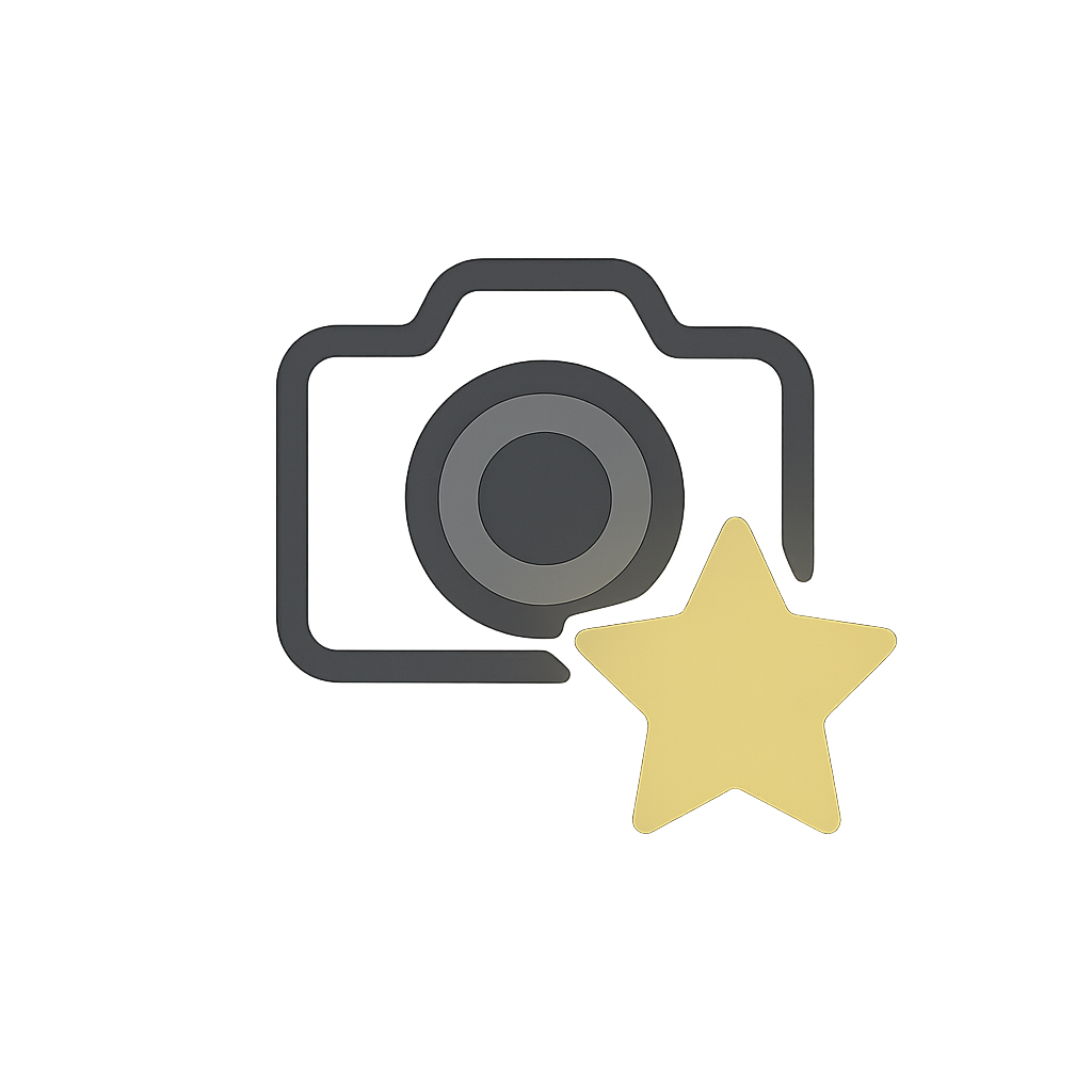 A camera icon with a gold star overlay, set against a black background with colorful streaks of light.