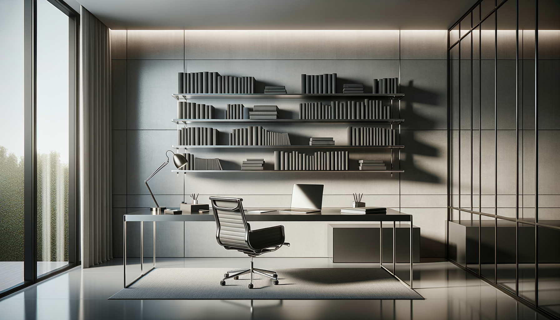 Modern office with a white desk, black office chair, bookshelves, and a glass wall.