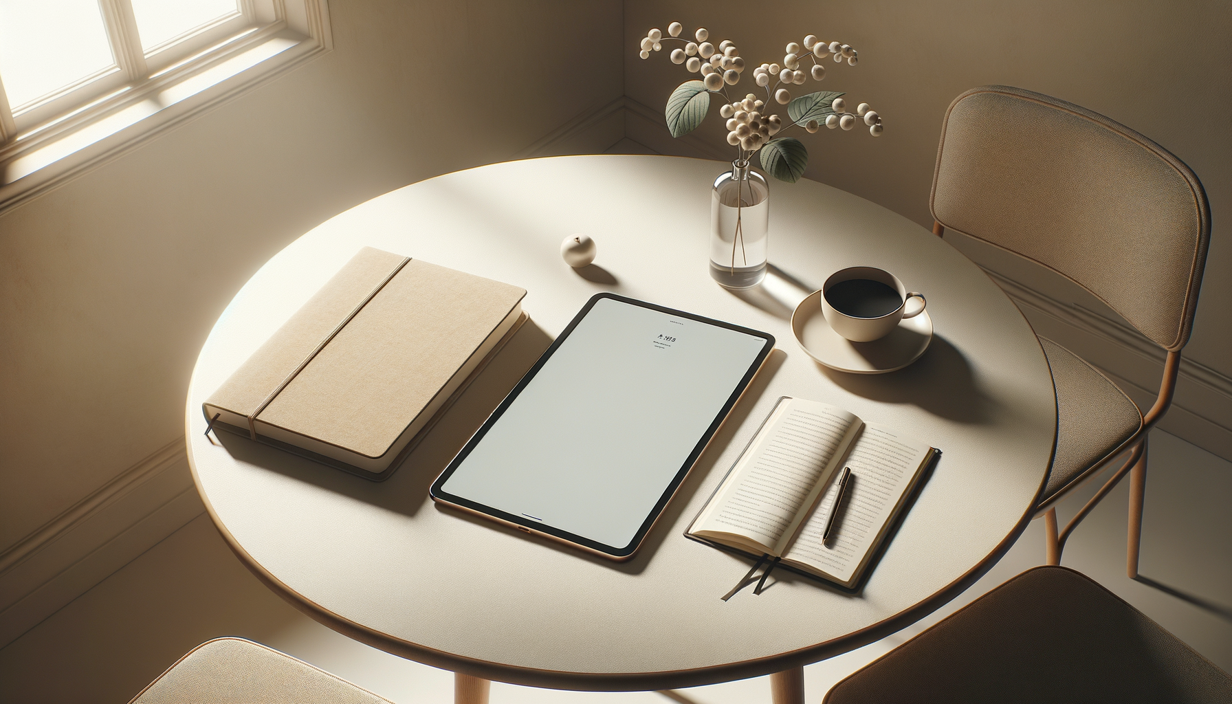 A round white table with a closed beige notebook, a digital tablet, an open beige notebook with a pen, a cup of coffee on a saucer, a small decorative apple, and a glass vase with branches and white berries, in a sunlit room with a window.