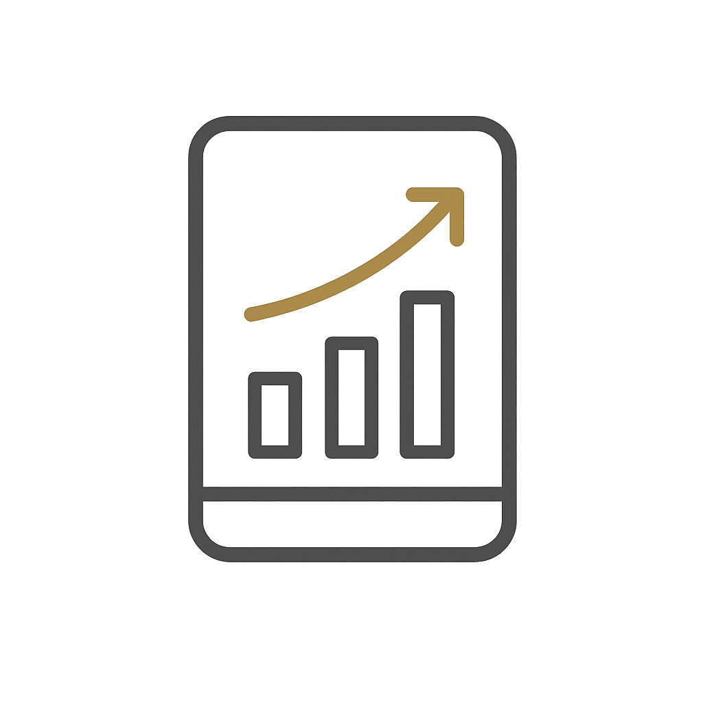A digital illustration of a mobile phone displaying a bar graph with an upward arrow, symbolizing growth or progress.