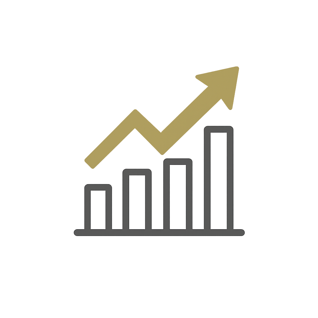 Bar chart with four gray bars increasing in height from left to right, overlaid with a gold upward arrow graph indicating growth or increase.