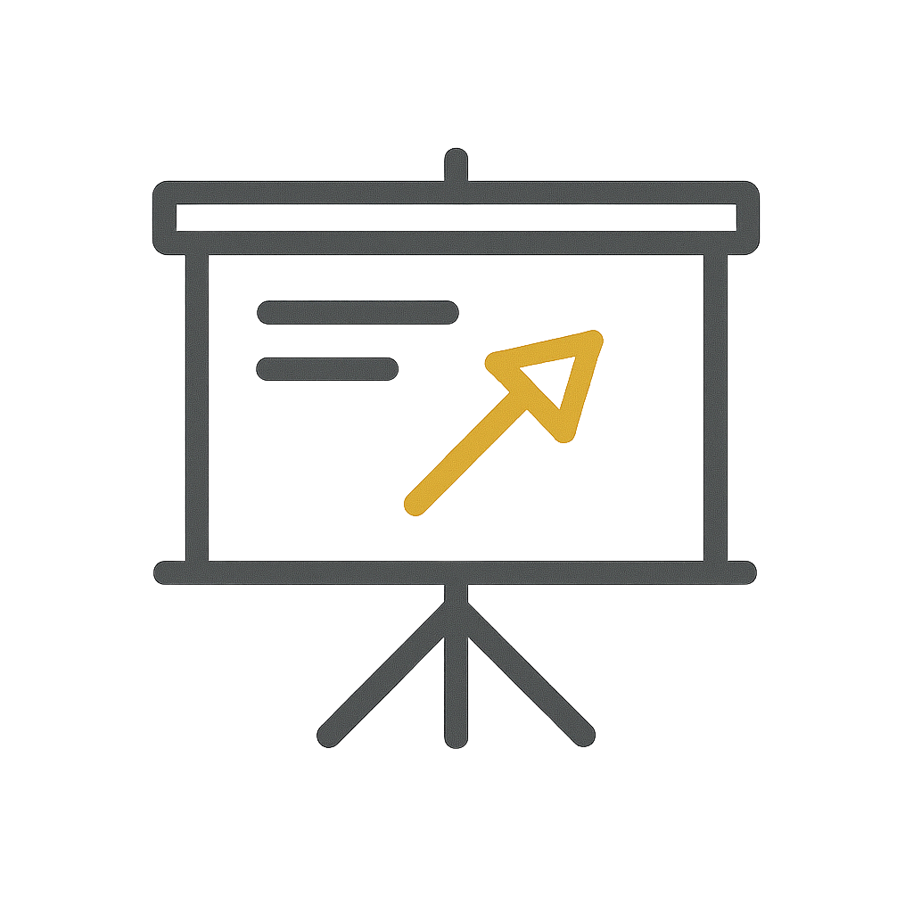 A presentation screen with a graph showing an upward arrow, indicating growth or increase.