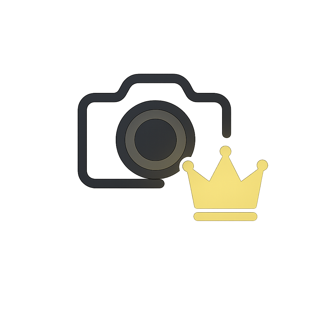 Neon picture icon of a camera with a yellow crown symbol next to it, glowing.