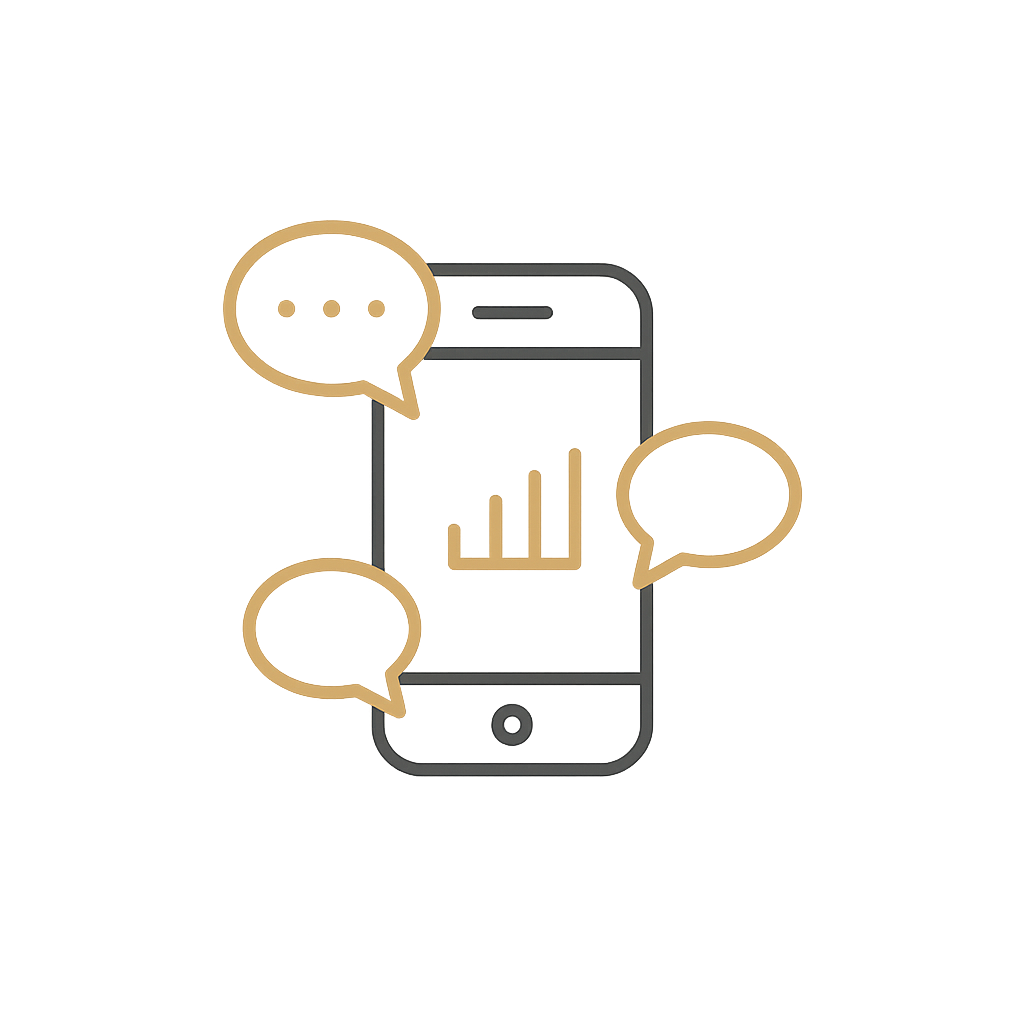 Digital illustration of a smartphone with three speech bubbles, depicting online messaging or social media conversations, and a graph on the screen.