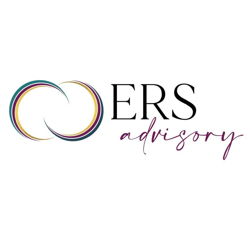 Logo for ERS Advisory featuring two overlapping multicolored circles and text in black and purple.