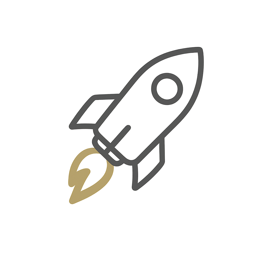 Outline drawing of a rocket with a beige flame at the bottom, on a transparent background.