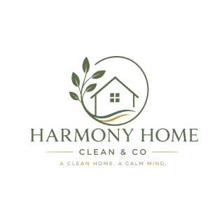 Logo for Harmony Home Clean & Co featuring a house with a tree beside it, and the tagline 'A clean home. A calm mind.'