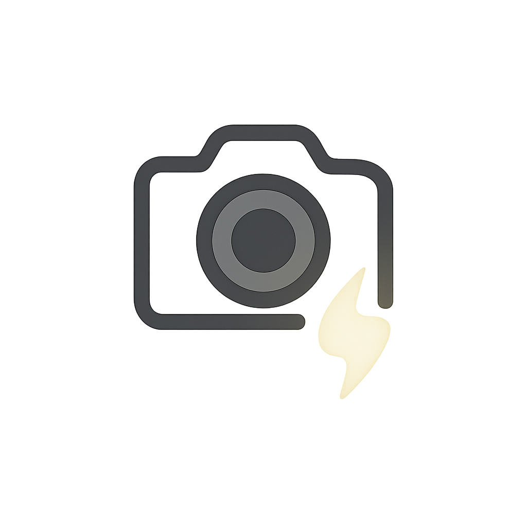 Abstract digital art featuring a camera icon surrounded by colorful light streaks against a black background.