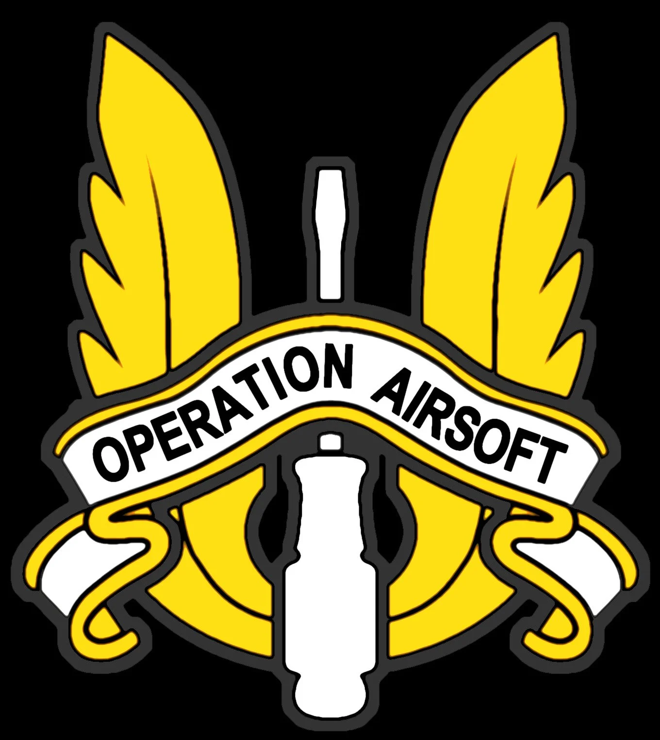 Operation Airsoft badge featuring black and yellow design with a badge shape, rifles, and a white banner reading "Operation Airsoft".