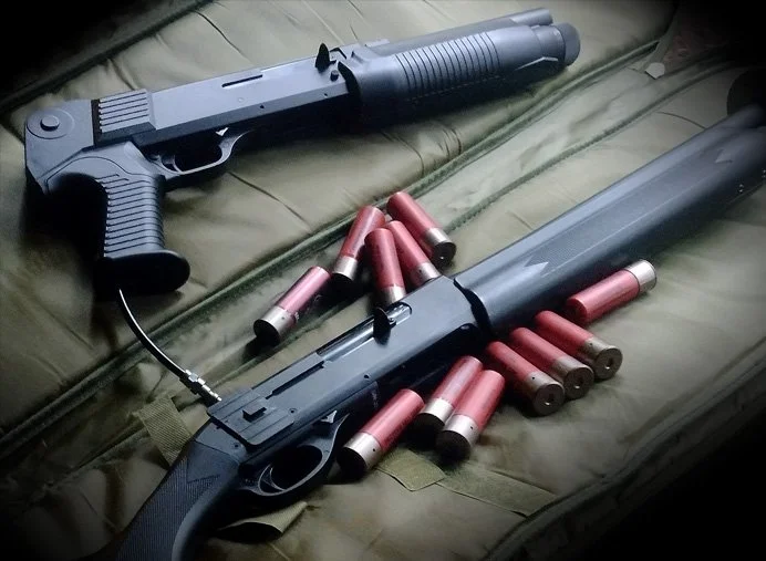 Airsoft HPA tri-shot shotguns Benelli M3 shorty and Remington 11-87