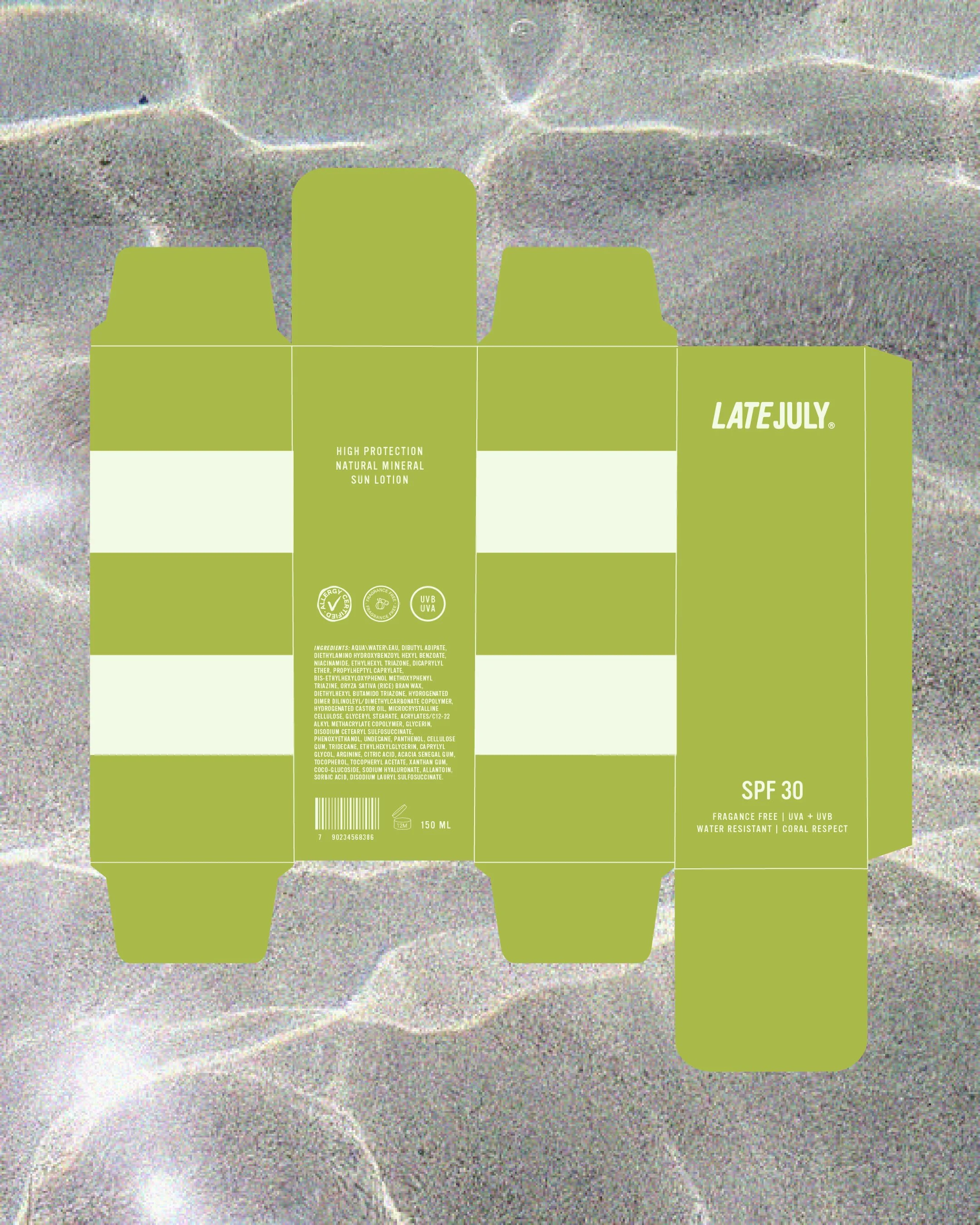 Bilde af emballage design til solcreme med grøn farve, der viser produktet Late July SPF 30, uden duft, UVA+UVB beskyttelse, vandafvisende, med ingrediensliste i tekst.